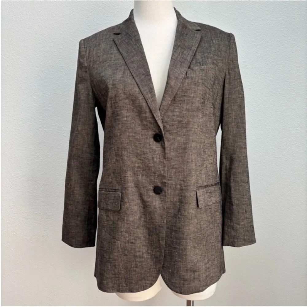 Theory Classic Tailored Blazer Designer Textured Suit Jacket Linen Brown Size 8 - Picture 2 of 12
